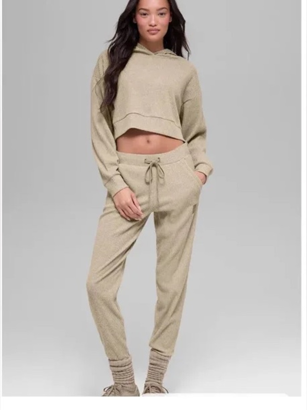 ALO Yoga Ribbed Drawstring Joggers & Hoodie Set - Sand